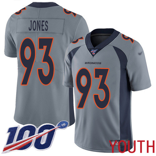 Youth Denver Broncos #93 Dre Mont Jones Limited Silver Inverted Legend 100th Season Football NFL Jersey->youth nfl jersey->Youth Jersey